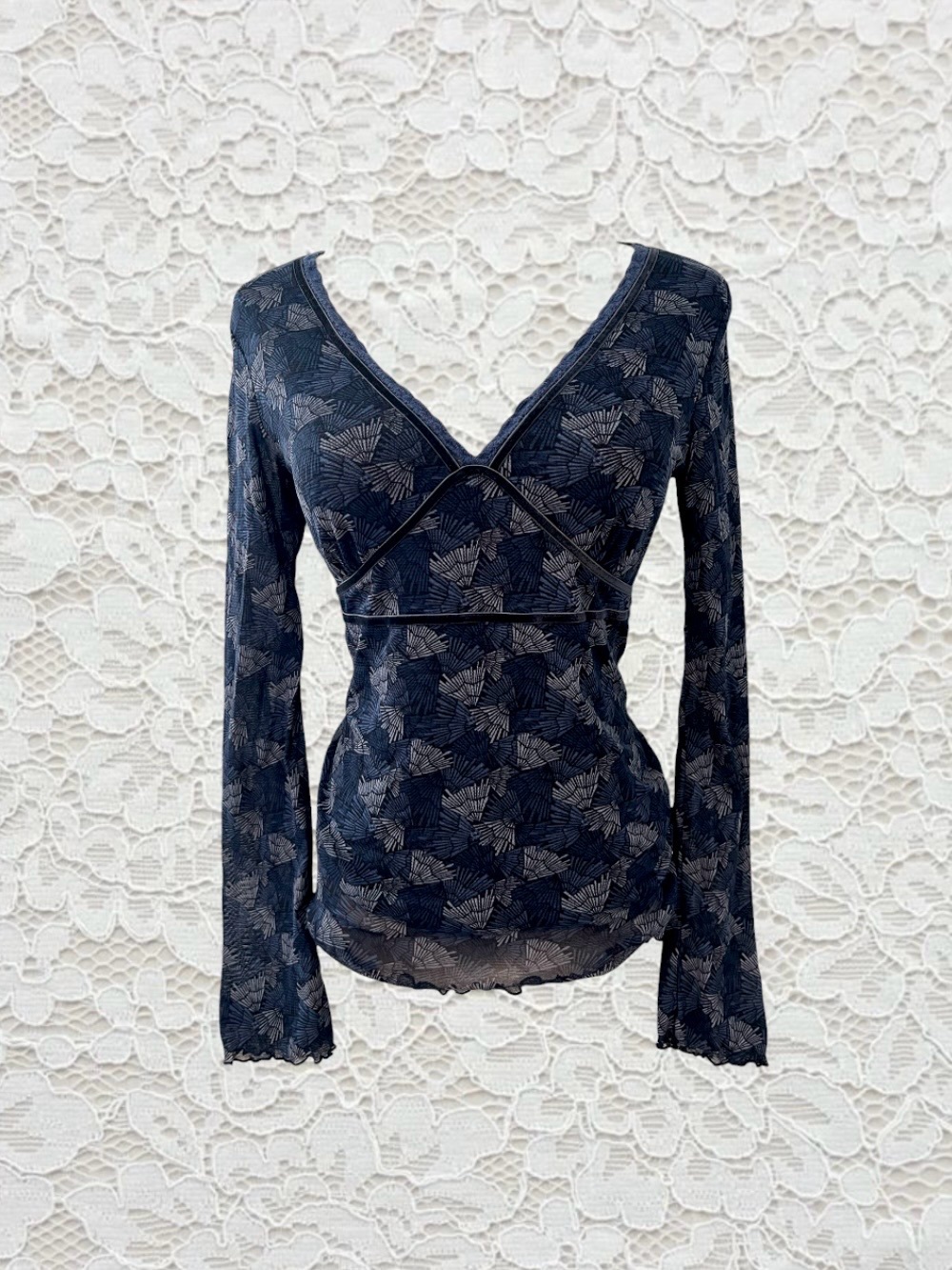 vintage 90s navy blue patterned babydoll mesh top with lace and velvet trim